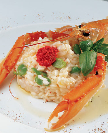 foto ricetta Riso con gamberi di Santa Barbara, fave e corallo 