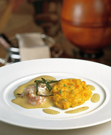 SAFFRON RISOTTO WITH DUBLIN BAY PRAWNS AND PUMPKIN FLOWERS 