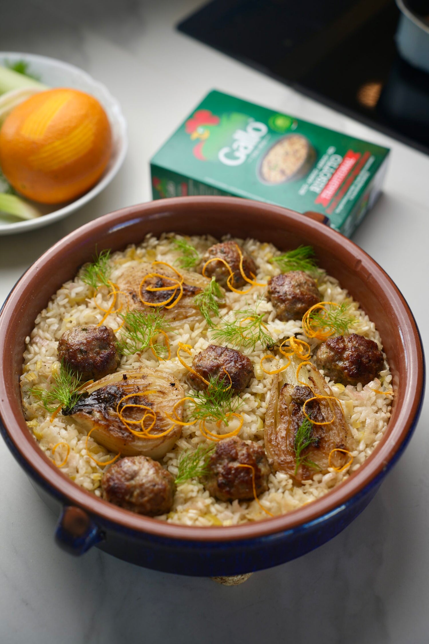 ONE-POT PORK MEATBALLS, ROASTED FENNEL & PILAF RICE 