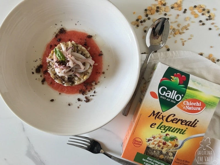 Mix di cereali e legumi, calamari, succo di pomodoro, basilico e polvere di olive 