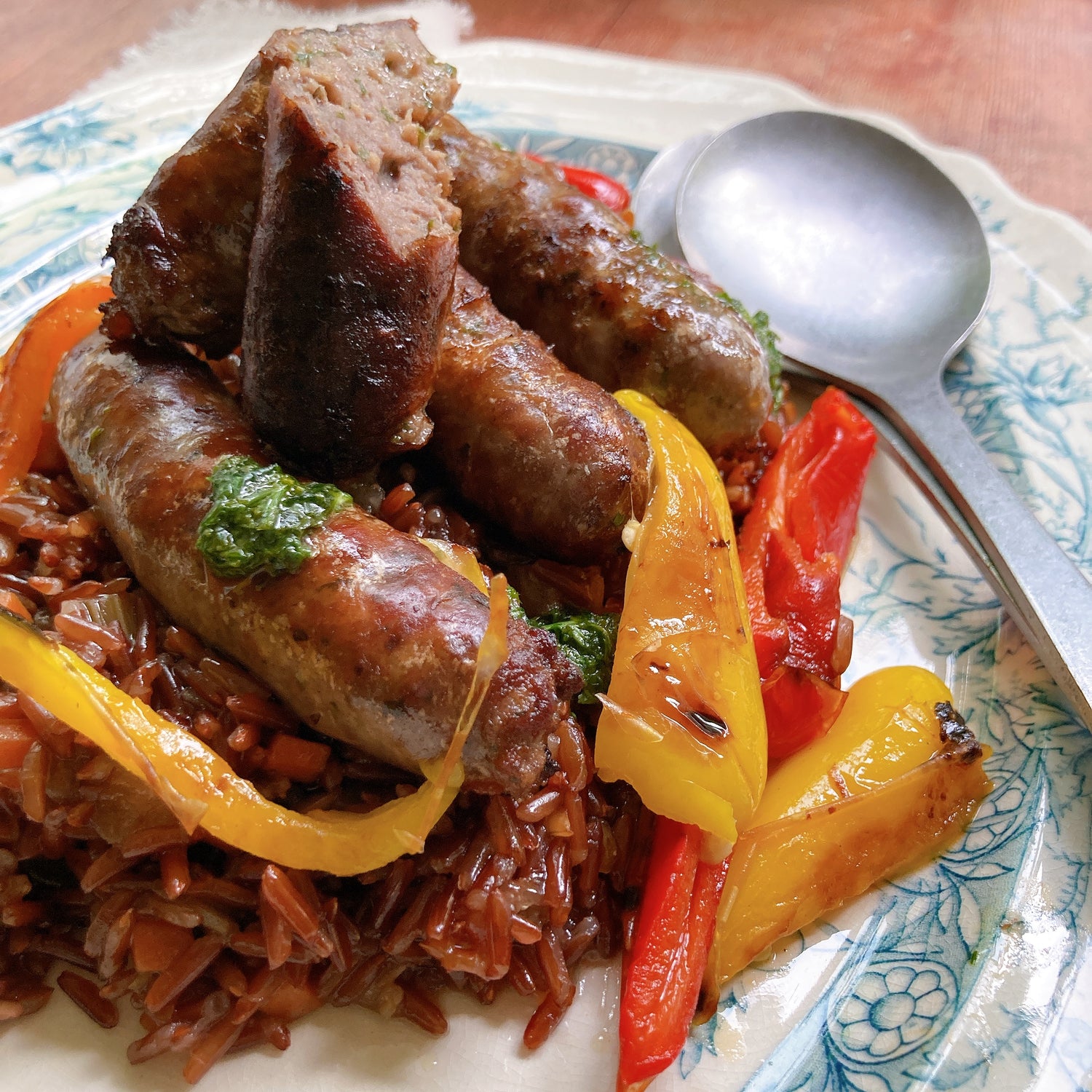 RISO ROSSO SALAD WITH BEEF SAUSAGES AND GREEN PESTO 
