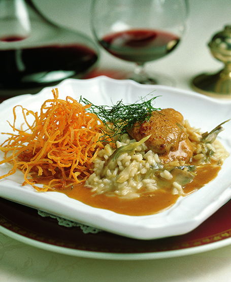 RISOTTO WITH ARTICHOKE HEARTS AND FOIE GRAS ESCALOPE IN MARSALA SAUCE