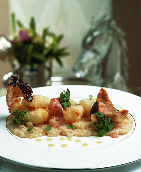 RISOTTO WITH FRESH OREGANO AND ZOLFINI BEANS SERVED WITH DEEP-FRIED FISH