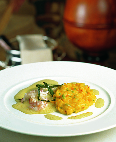 SAFFRON RISOTTO WITH DUBLIN BAY PRAWNS AND PUMPKIN FLOWERS