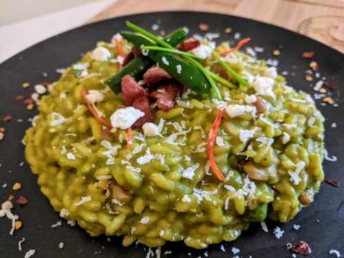 GREEN PEA, CRISPY PANCETTA & GREEN CHILLI RISOTTO