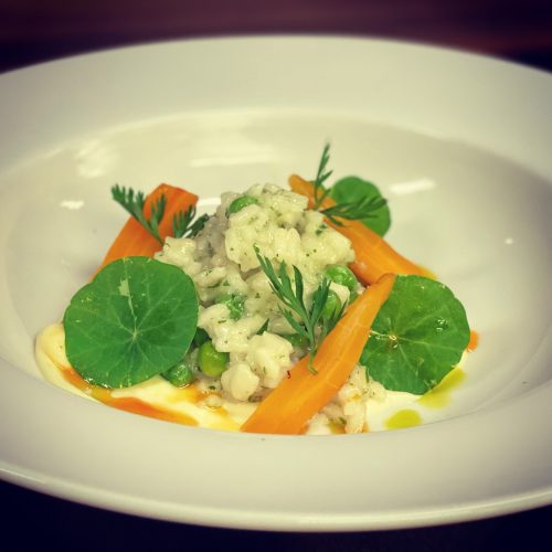 LEEK & PEA RISOTTO WITH SPICED BABY CARROTS