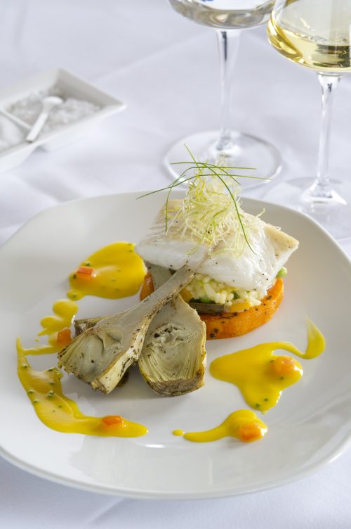 PAN-FRIED PAVE OF HALIBUT WITH A LEEK, BUTTERNUT SQUASH, PEA & BASIL RISOTTO & CRISPY LEEKS