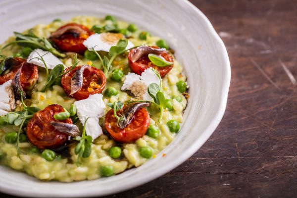 PEA AND MARINATED CHERRY TOMATO RISOTTO