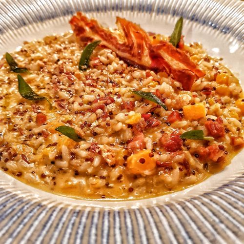 QUINOA, BROWN AND RED RICE RISOTTO WITH SMOKED PANCETTA, BUTTERNUT SQUASH AND AMARETTI