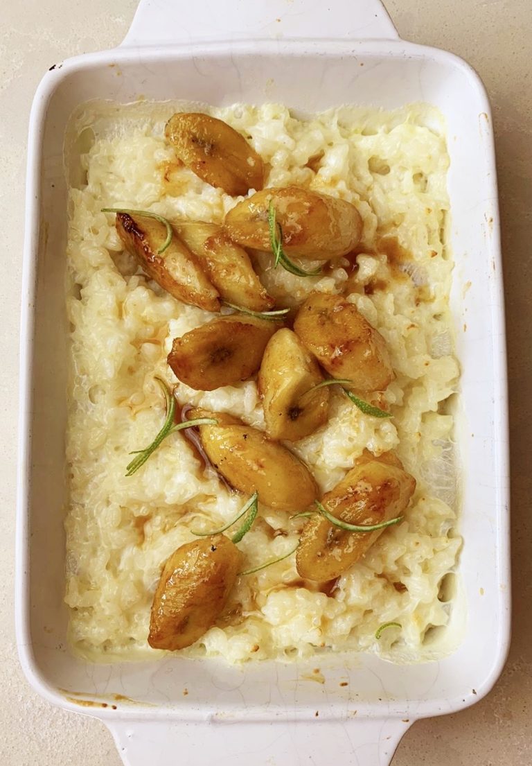 BAKED COCONUT MILK RICE PUDDING WITH SALTED CARAMEL BANANAS AND LIME